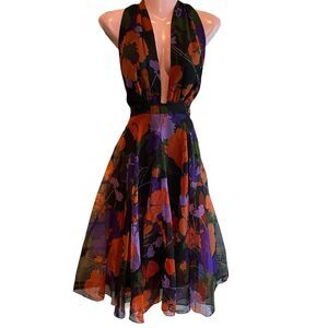 Floral Halter Dress Womens Small Black Orange Purple Plunge Neck Party Cocktail